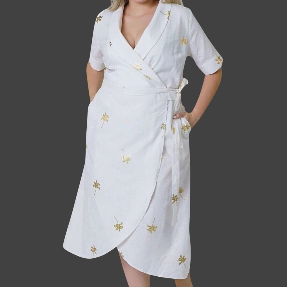 Never Fully Dressed Cotton Linen Brooklyn Midid Wrap Dress White Gold Palms 18